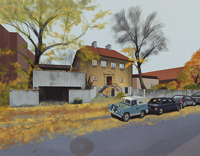 Autumn street in Oslo, digital painting