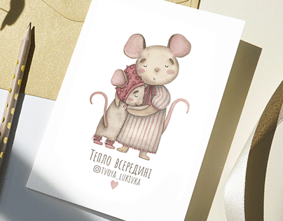 Watercolor illustration of cute mice for brand card