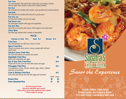 Supatra Thai Bistro Take out menu Tri fold