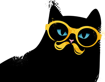 Black cat with yellow glasses and moustache