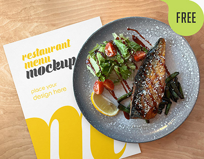 Free Restaurant Menu Mockup with Fish Dish on a Plate
