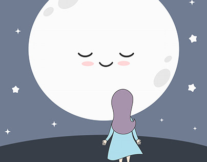 cute cartoon girl watching full moon