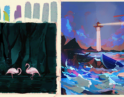 Color Study - Flamingos and Lighthouse