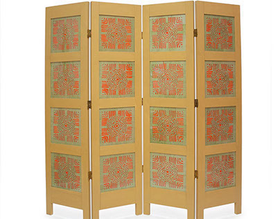 Room divider with four panels in yellow, green and red