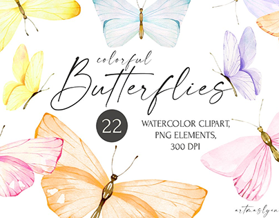 Watercolor butterflies clipart. Colorful insects.