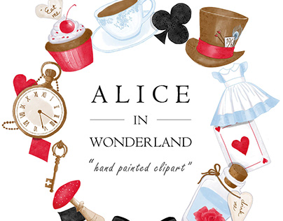 Watercolor Alice In Wonderland Clipart Set