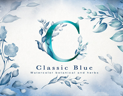 Classic blue watercolo botanical and herbs