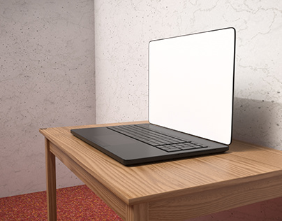 LAPTOP PLACED ON WOODEN TABLE IN CASUAL RED CARPET ROOM