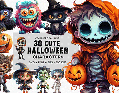 30 Cute Halloween Characters Clipart Bundle