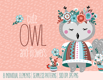 Cute owl and flower pots