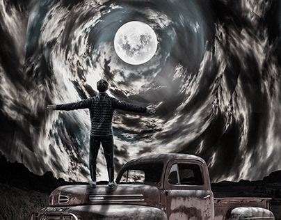 man, moon, jeep manipulation, photoshop art