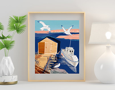 Digital collage - sea view with white ship and seagull