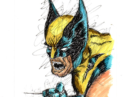 Wolverine en scribbling sobre papel con rapidografos