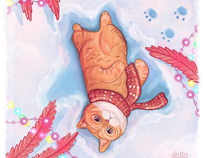 Иллюстрации к новогодним открыткам. Christmas cat