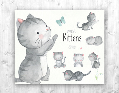 Cute kitten. Watercolor cat clipart collection