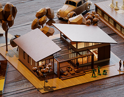 The wooden house model miniature.
