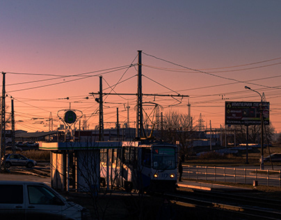 Russian sunset on the background of power lines