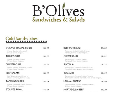 menu and invoice design for B'olives restuarant