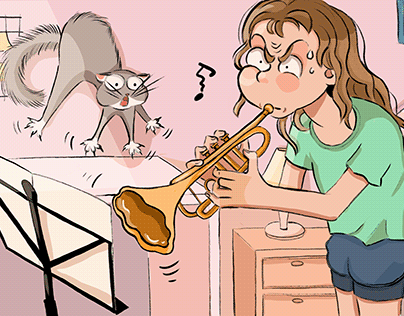 A girl, a cat and a trumpet.