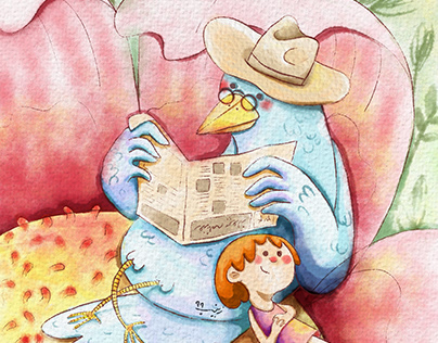 girl and bird reading newspaper