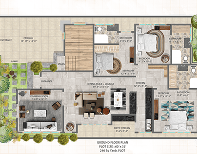 Rendered plan of 240 Sq. yards house