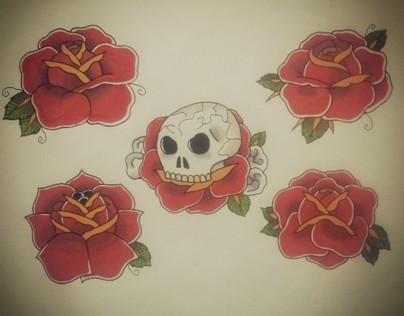 Roses & Skull Tattoo Flash