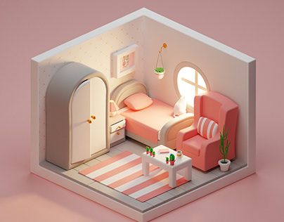 3D Isometric Cute Bedroom (Pink Version)