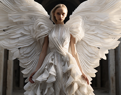 White angel with geometric fashion elements.