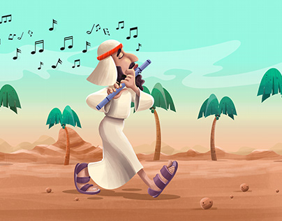 Arab walking in the desert playing the flute