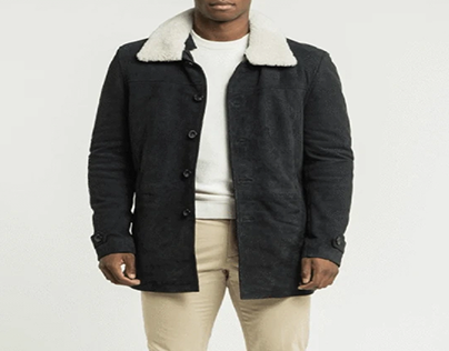 Navy Fur Collared Suede Leather Jacket
