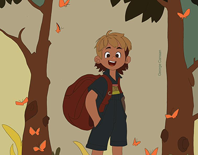 Illustration of a young hiker in the woods