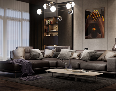 Outstanding Brown Leather Couch - Night Time Rendering