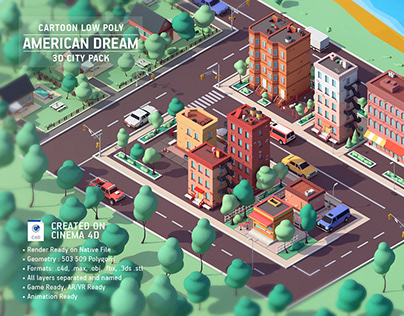 Cartoon Low Poly American Dream City Pack