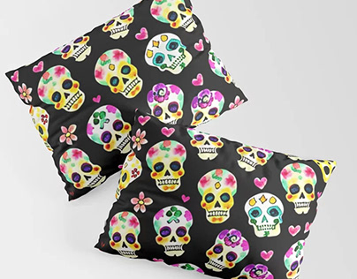 Seamless pattern with sugar skulls on black Pillow Sham