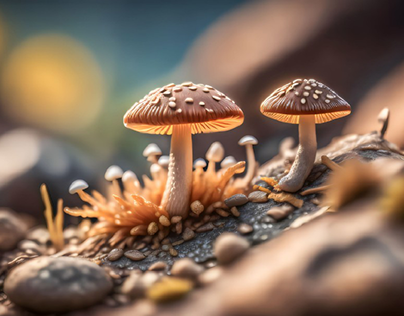 Mushroom Duo on a Rocky Perch