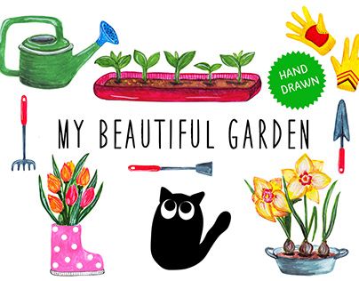My beautiful garden. Bulbs, flowers, tools and the Cat.
