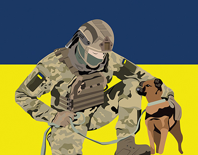 Ukrainian soldier with dog. Ukrainian flag.