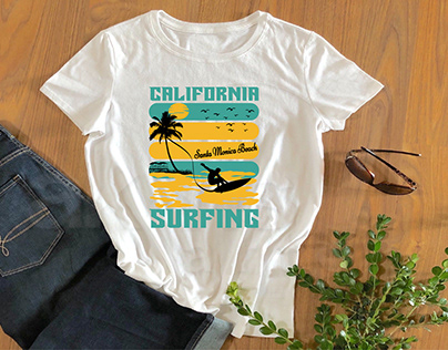 California Surfing Santa Monica Beach T Shirt Design