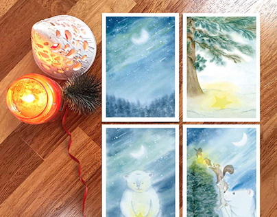 Christmas illustrated cards painted in watercolors