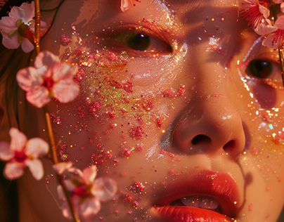 Korean makeup model close up image with flowers.
