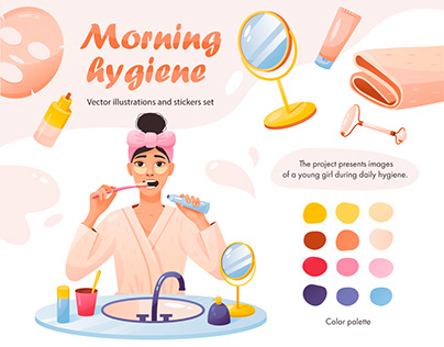 Morning hygiene illustrations. Self care at home.