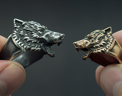 Wolf head ring. Silver, brass