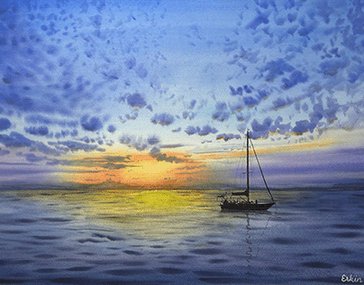 Sunset and Sailboat, watercolor by Erkin.