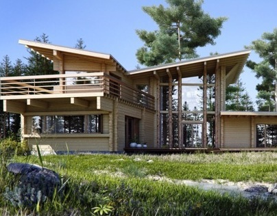 A wooden house in a pine forest - photoreal viz
