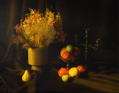 Photo still life of dried flowers and fruits