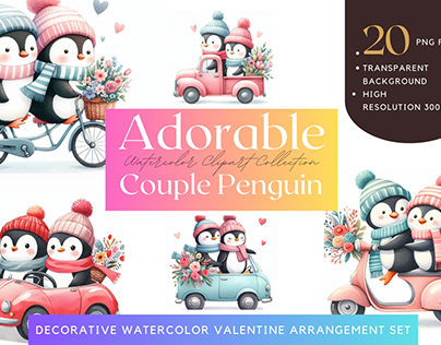 Adorable Couple Penguin Retro Vehicle, Valentine Theme