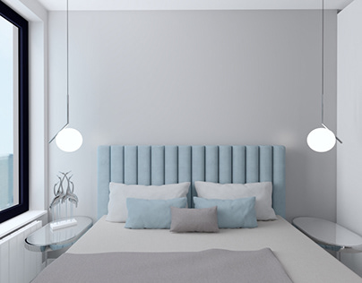 Interior, bedroom, babyblue, grey, white, glamour