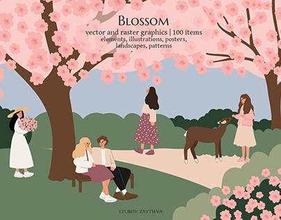 Blossom. Women in blooming nature scenes illustration