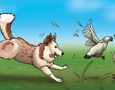 "Sadie Chasing Chickens" - Pet Illustration