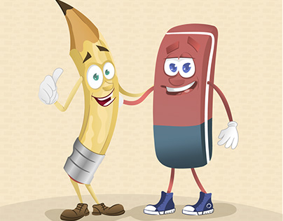 Cheerful cartoon friends with eraser and pencil